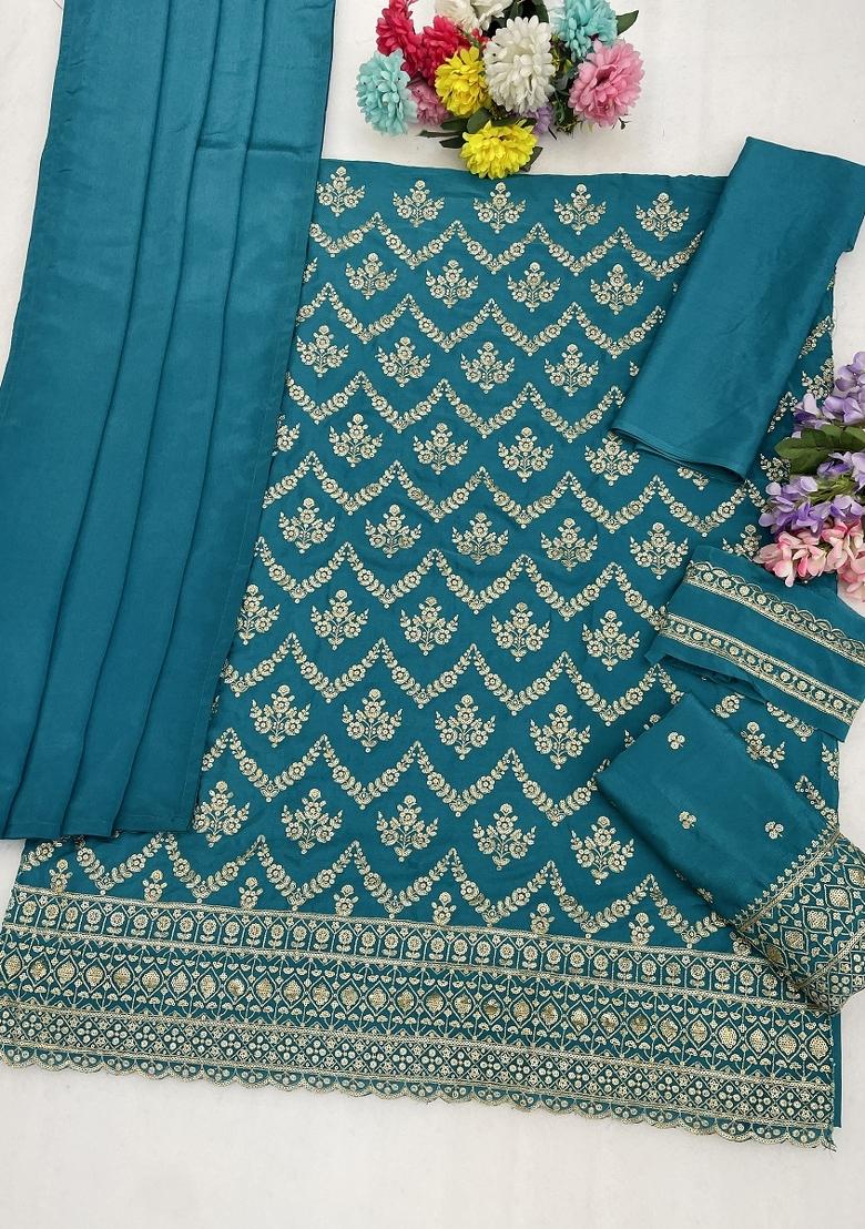 Teal Embroidery Silk Kurta Set - Indya