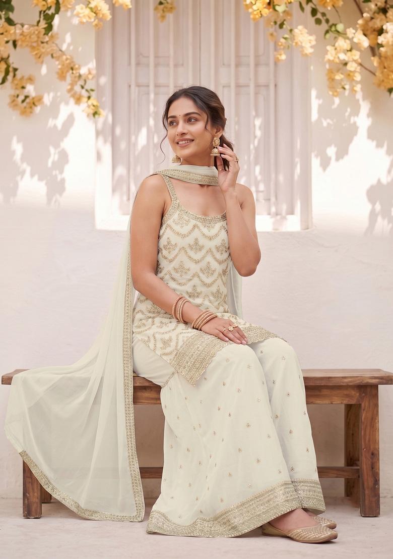 White Embroidery Silk Kurta Set - Indya