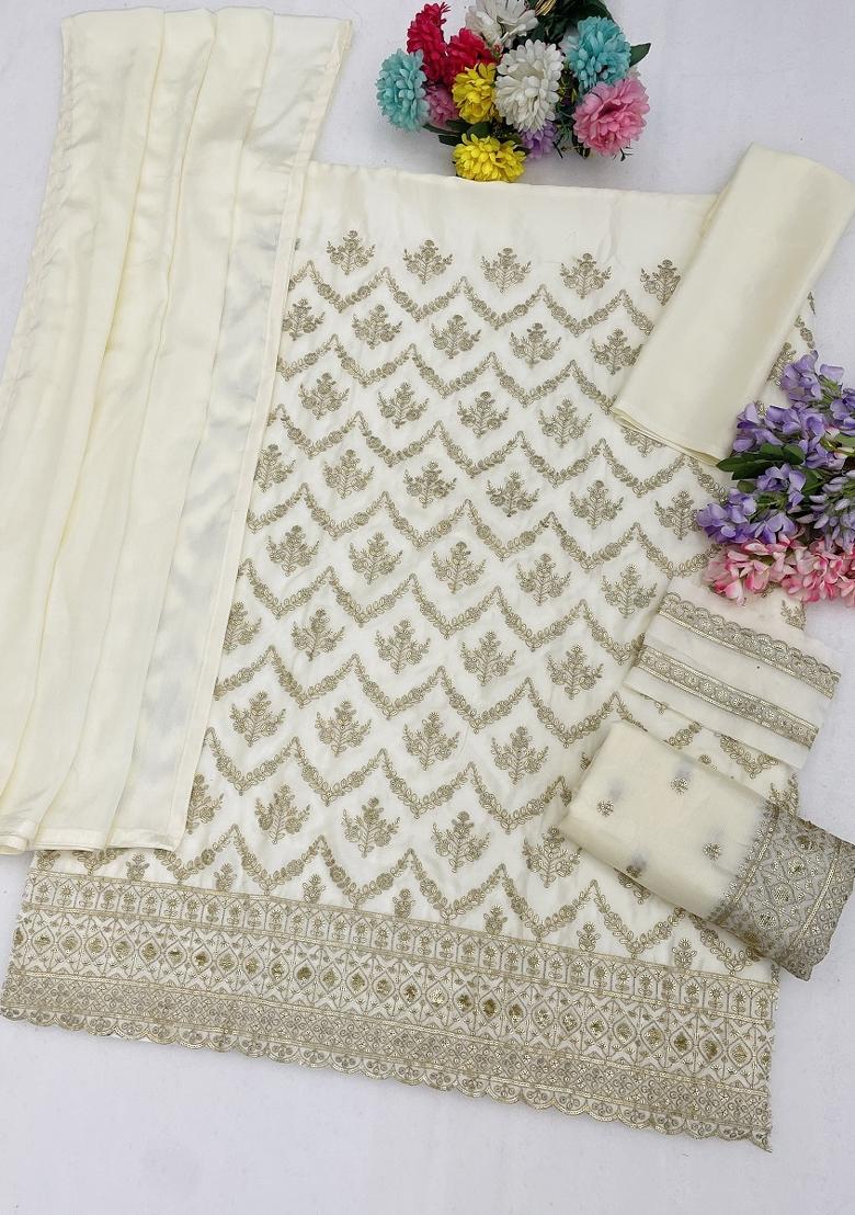 White Embroidery Silk Kurta Set - Indya