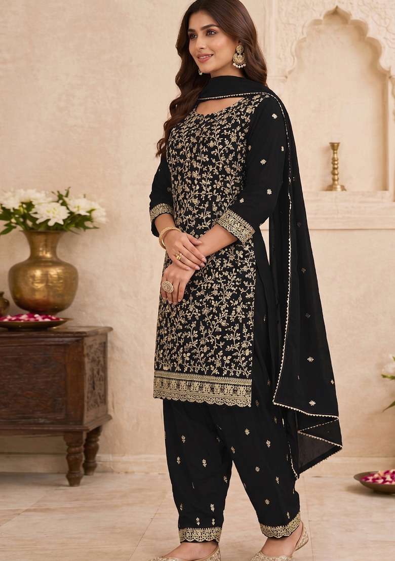 Black Embroidery Georgette Kurta Set - Indya