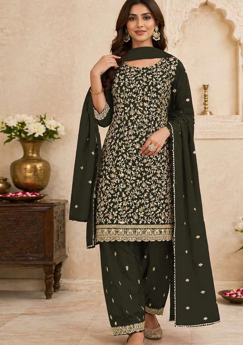 Mehendi Embroidery Georgette Kurta Set - Indya