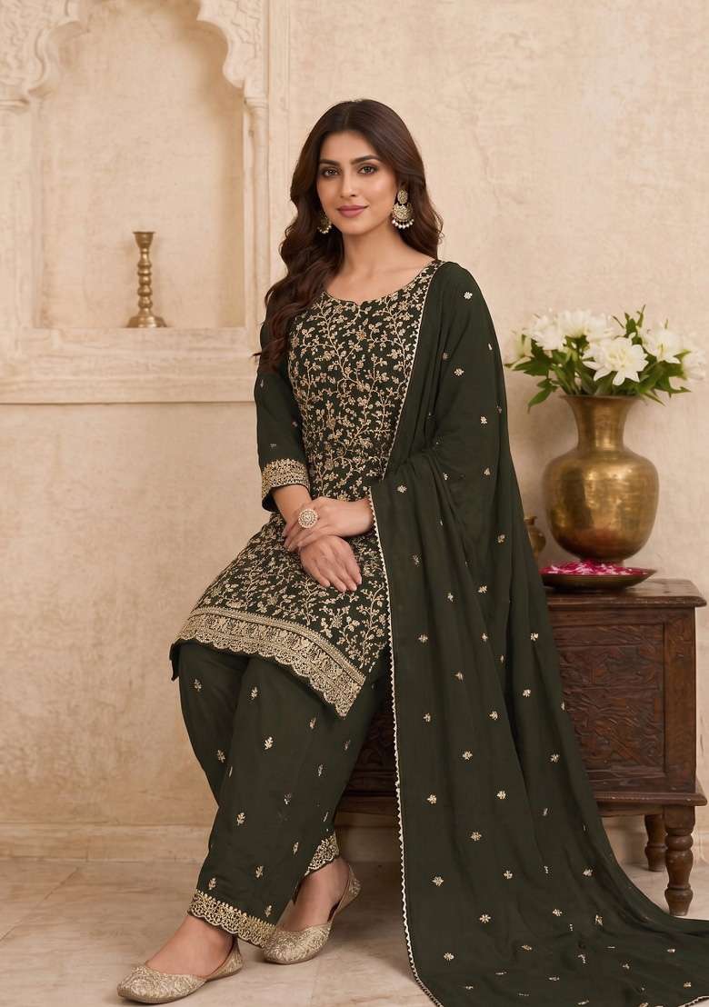 Mehendi Embroidery Georgette Kurta Set - Indya