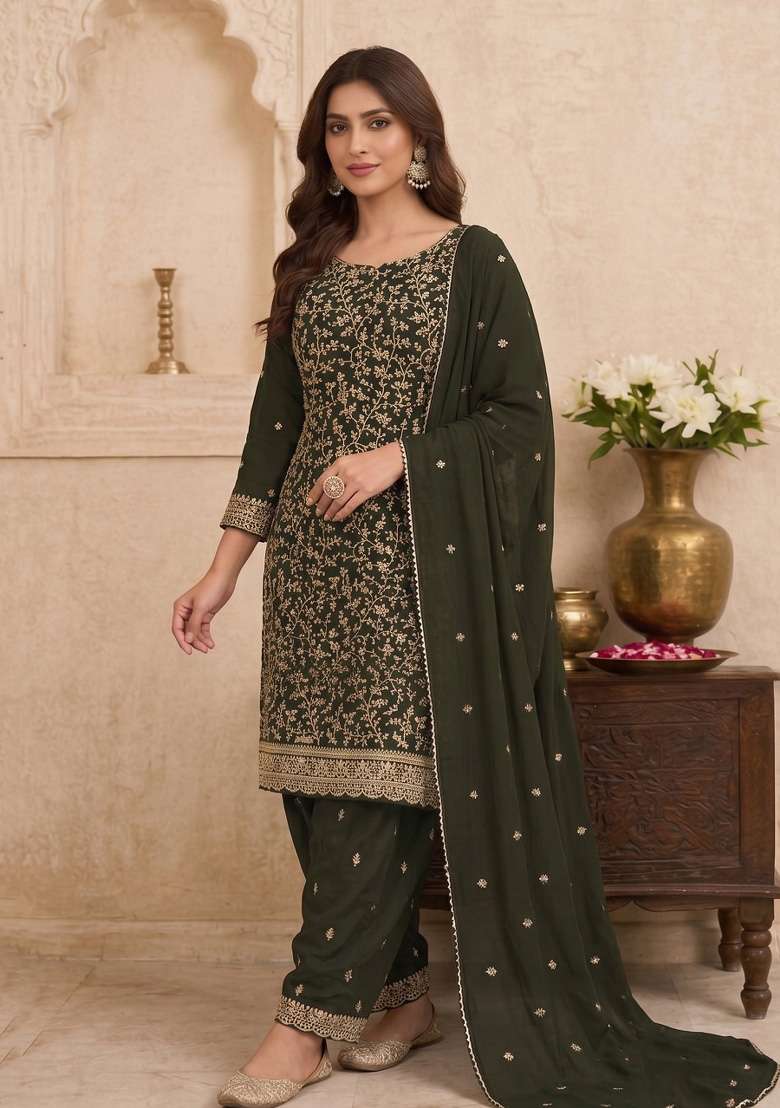 Mehendi Embroidery Georgette Kurta Set - Indya