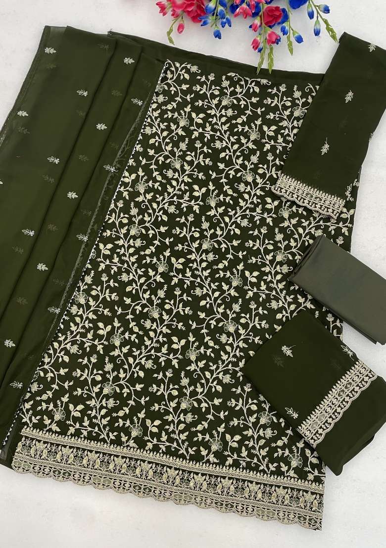 Mehendi Embroidery Georgette Kurta Set - Indya
