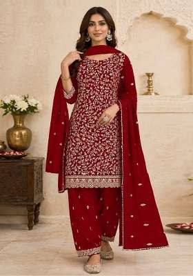 Red Embroidery Georgette Kurta Set