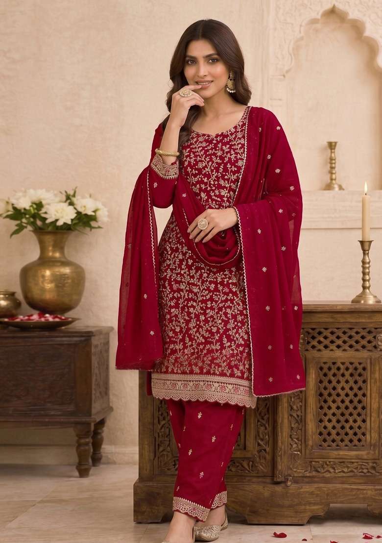 Red Embroidery Georgette Kurta Set - Indya
