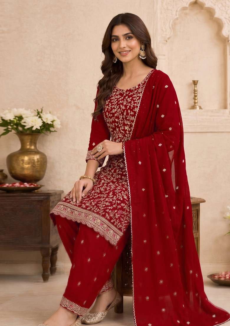 Red Embroidery Georgette Kurta Set - Indya