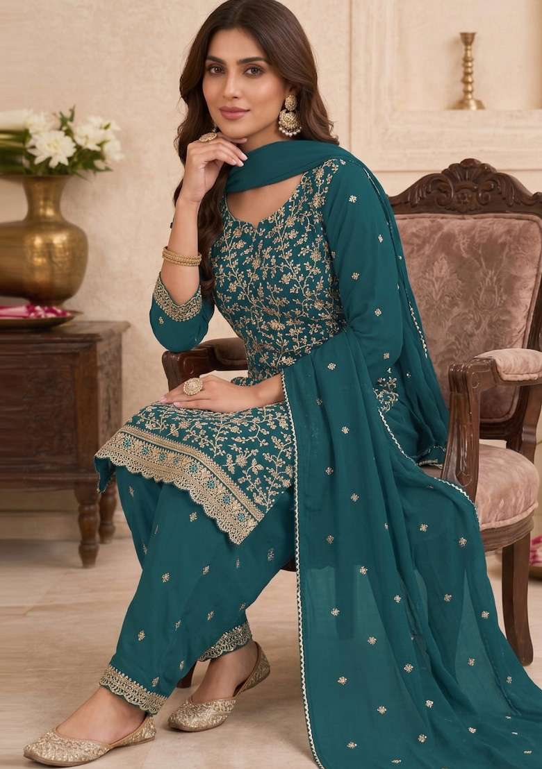 Teal Embroidery Georgette Kurta Set - Indya
