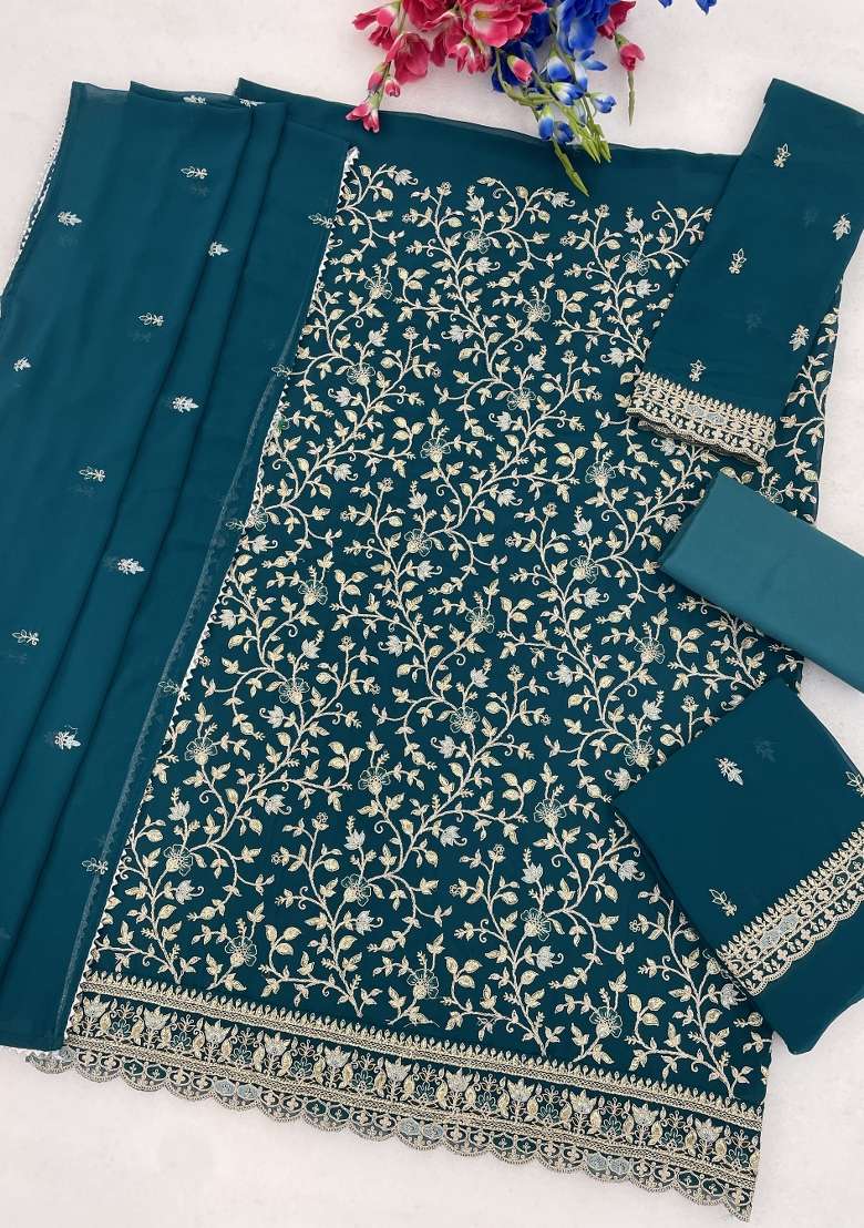 Teal Embroidery Georgette Kurta Set - Indya