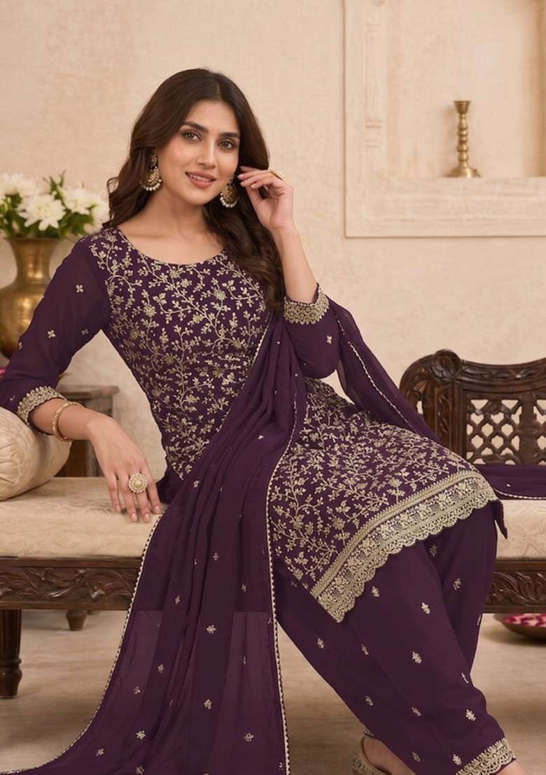 Wine Embroidery Georgette Kurta Set - Indya