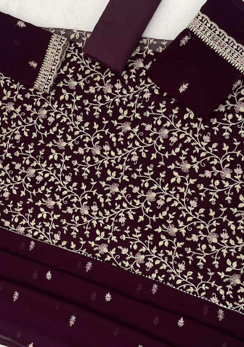 Wine Embroidery Georgette Kurta Set - Indya