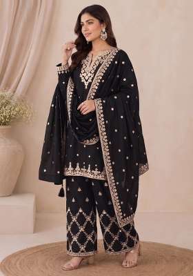 Black Embroidery Silk Kurta Set