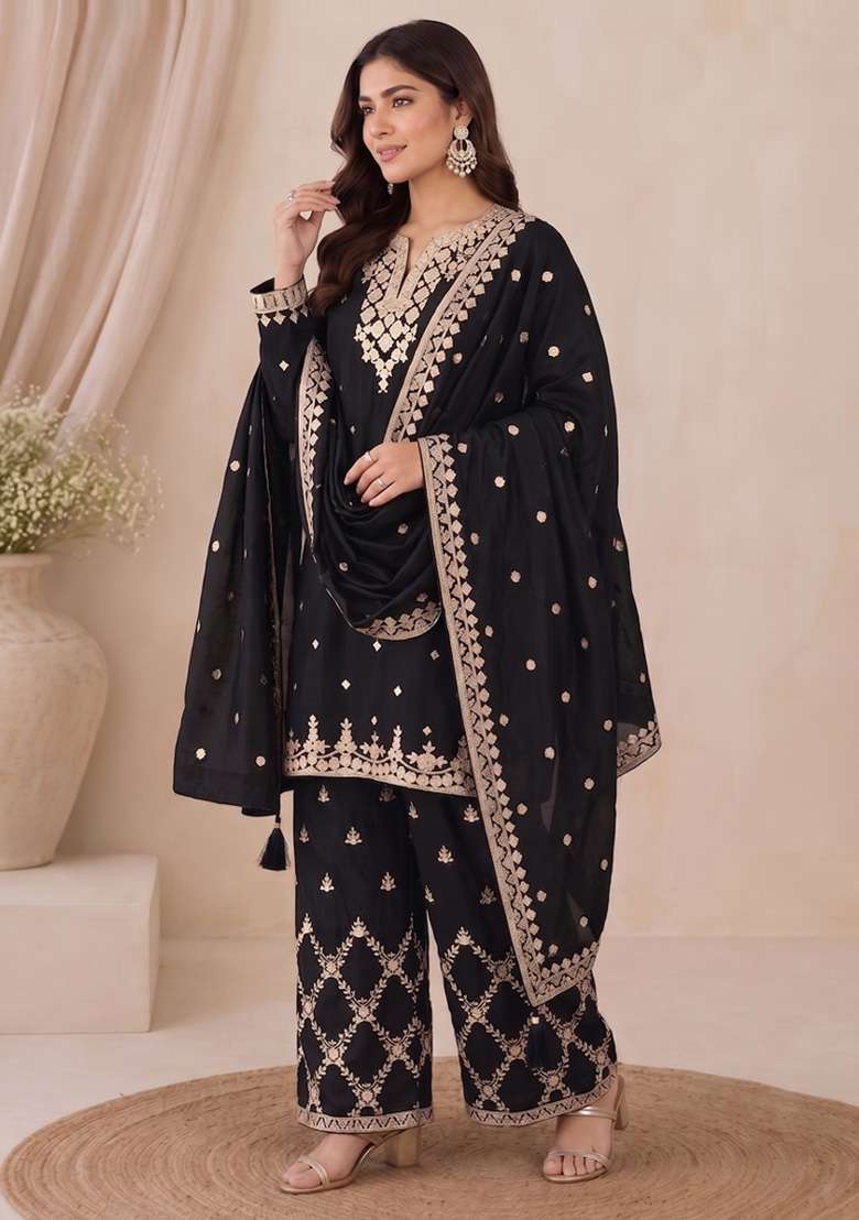 Black Embroidery Silk Kurta Set - Indya