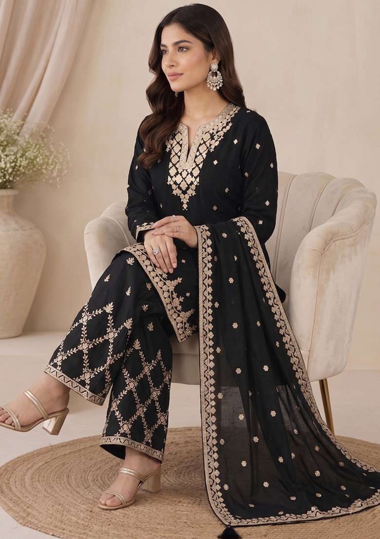 Black Embroidery Silk Kurta Set - Indya