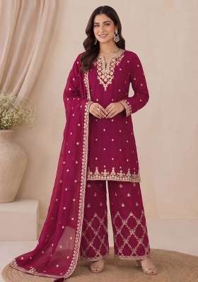 Red Embroidery Silk Kurta Set