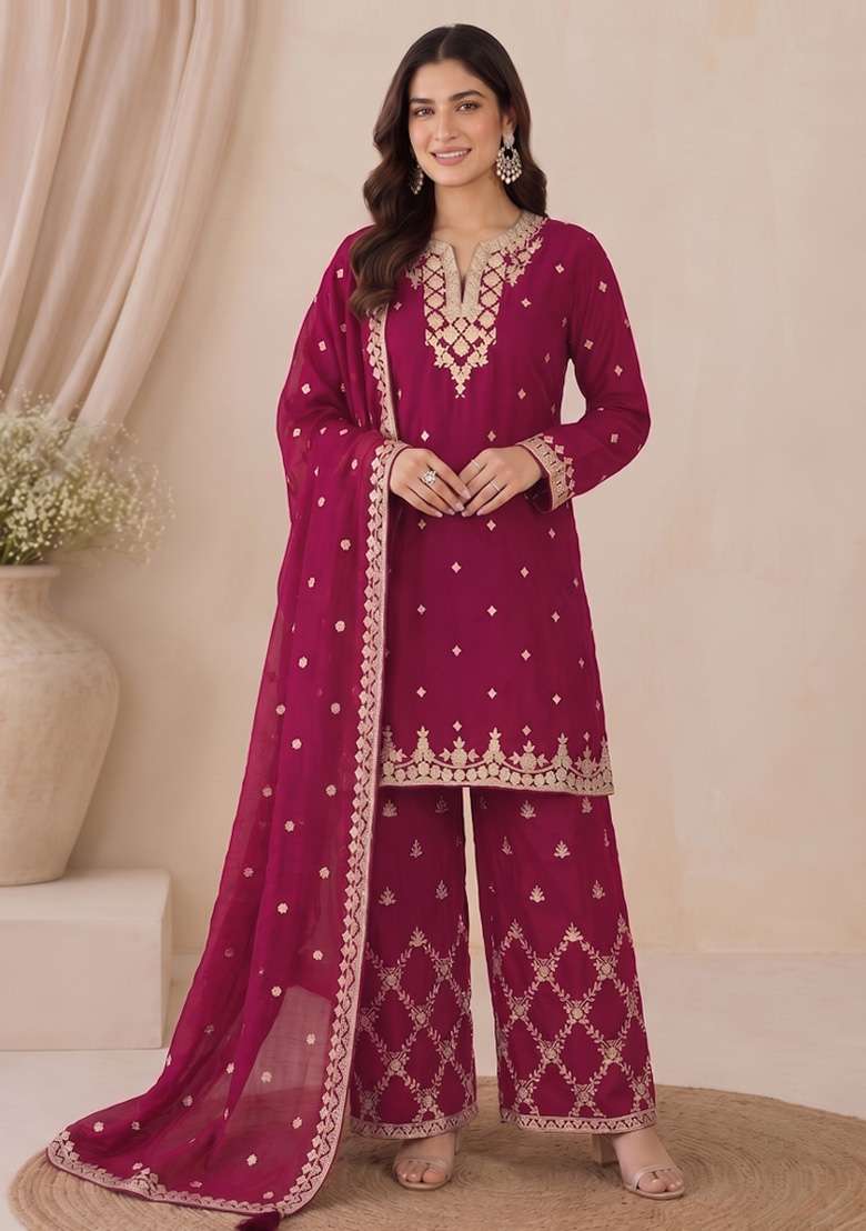 Red Embroidery Silk Kurta Set - Indya