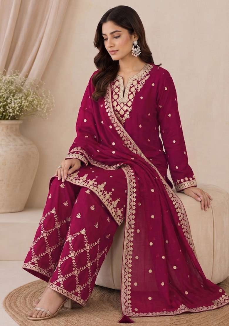 Red Embroidery Silk Kurta Set - Indya