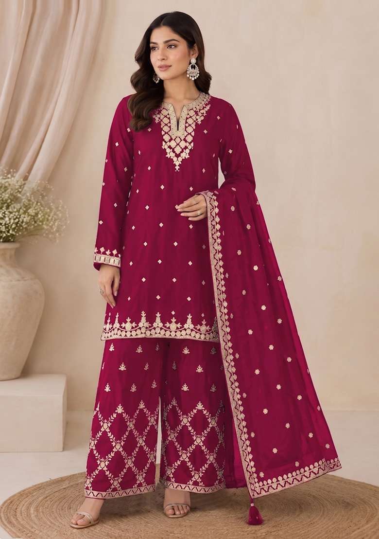 Red Embroidery Silk Kurta Set - Indya