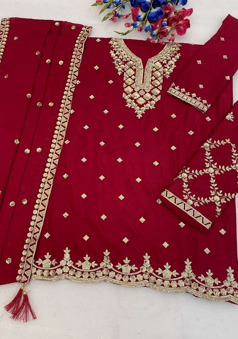 Red Embroidery Silk Kurta Set - Indya