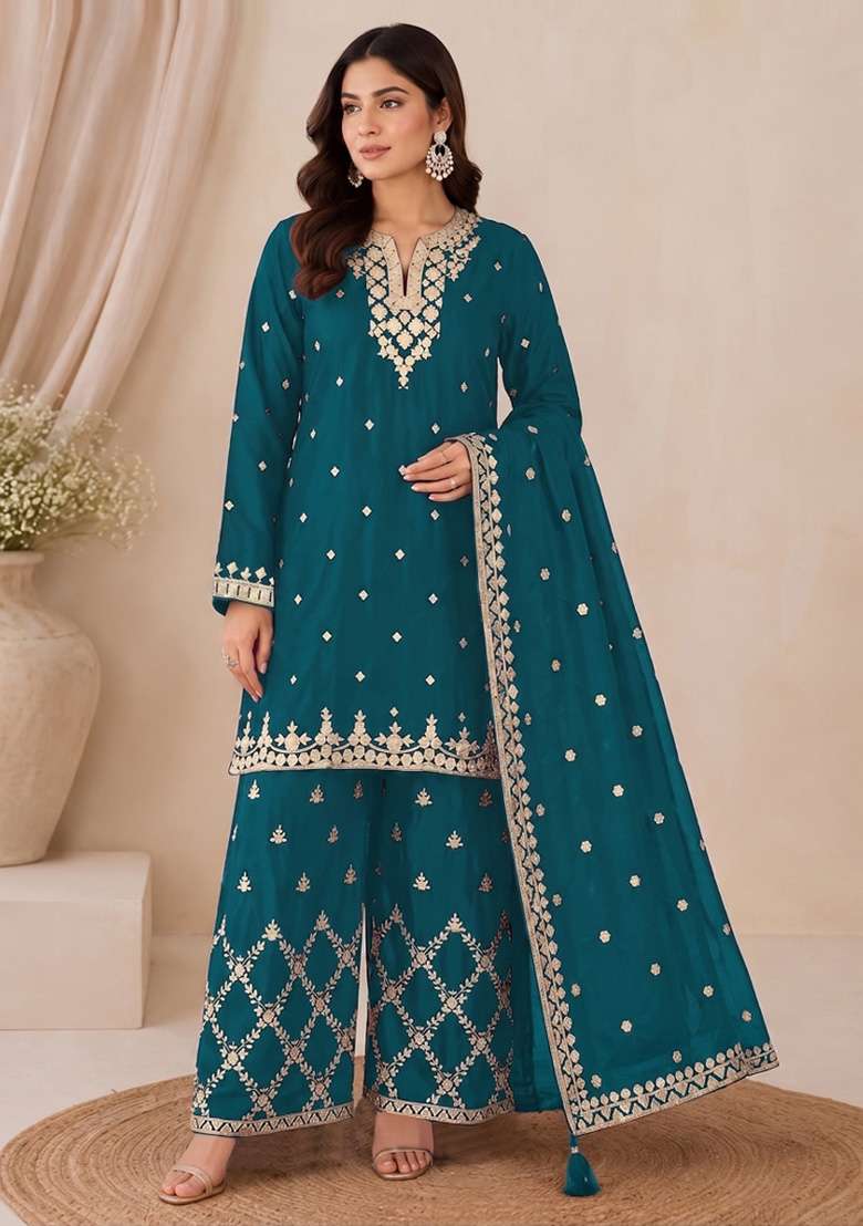 Teal Embroidery Silk Kurta Set - Indya