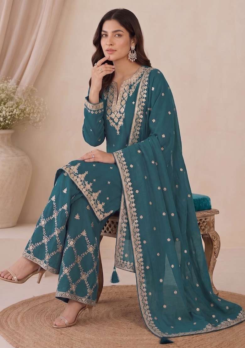 Teal Embroidery Silk Kurta Set - Indya