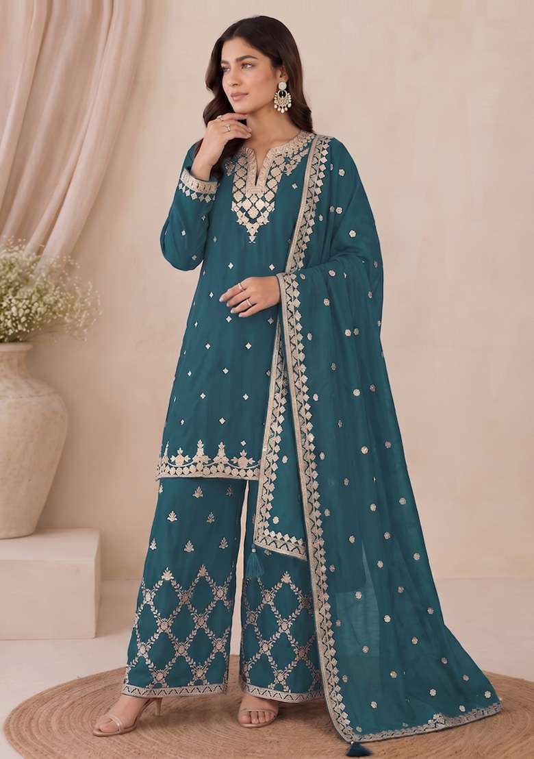Teal Embroidery Silk Kurta Set - Indya