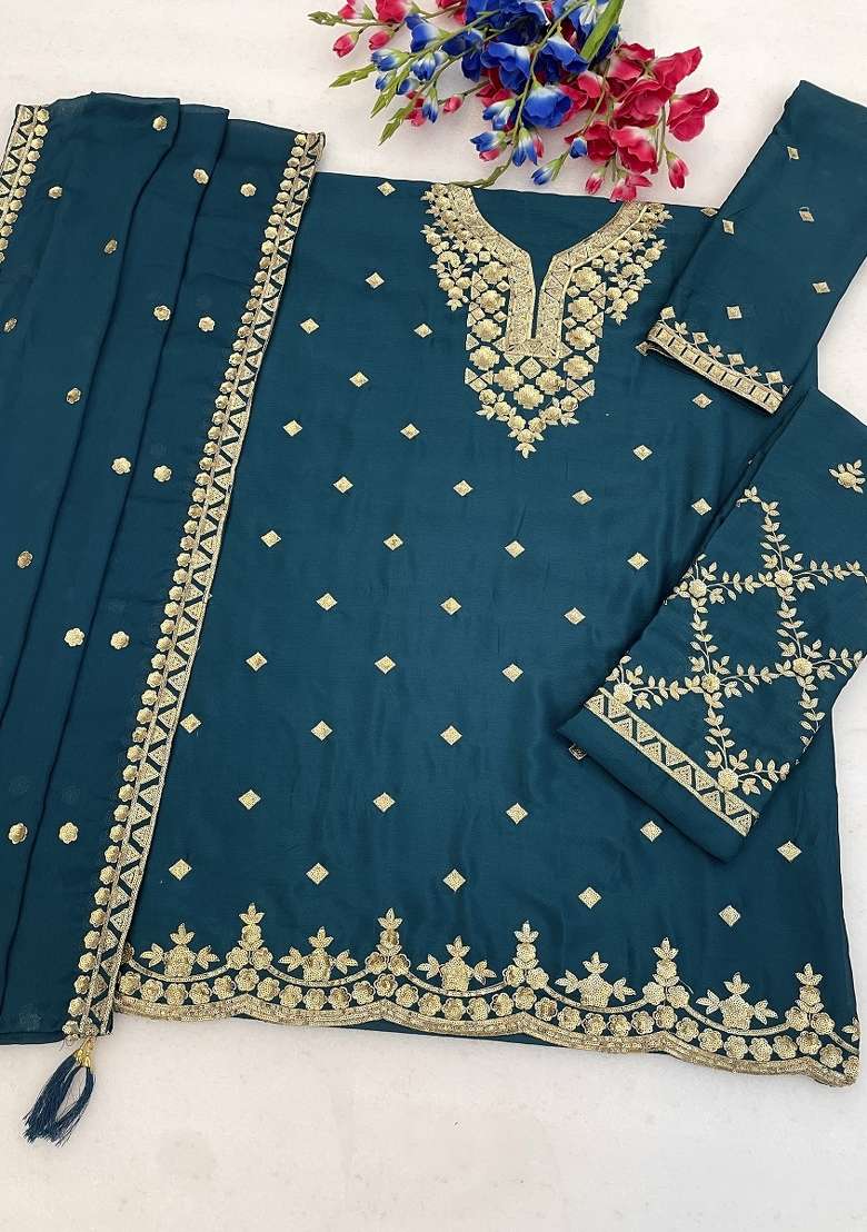Teal Embroidery Silk Kurta Set - Indya