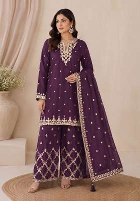 Wine Embroidery Silk Kurta Set