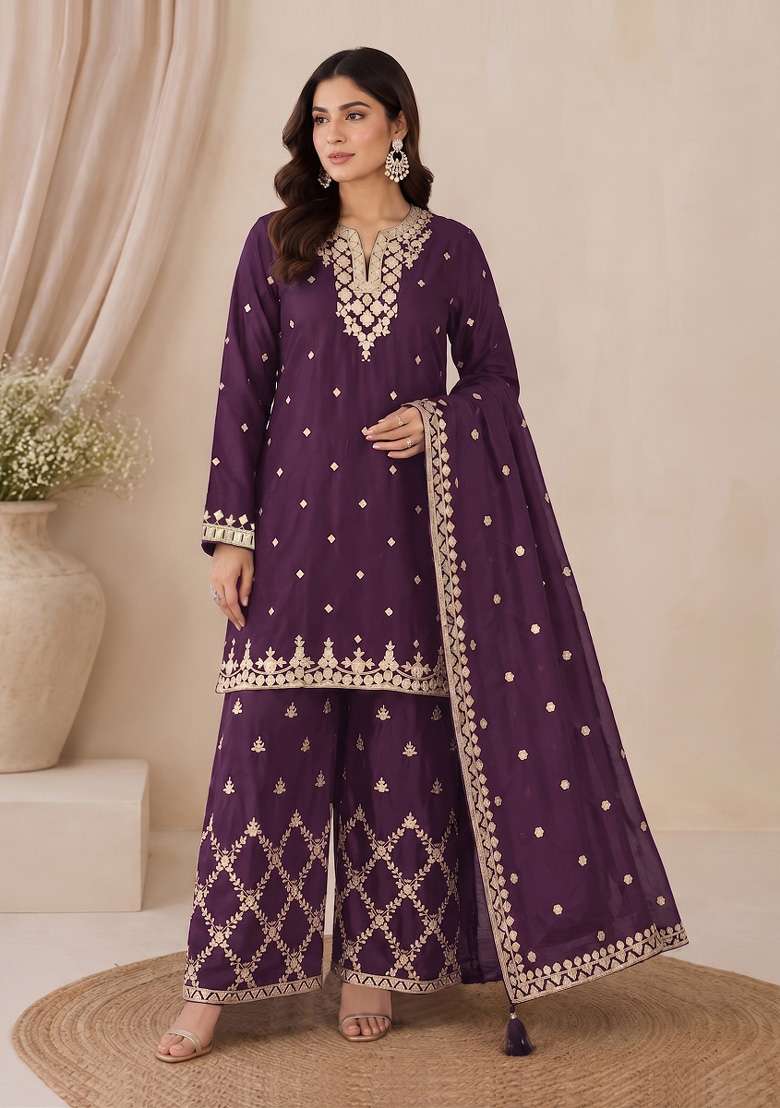Wine Embroidery Silk Kurta Set - Indya