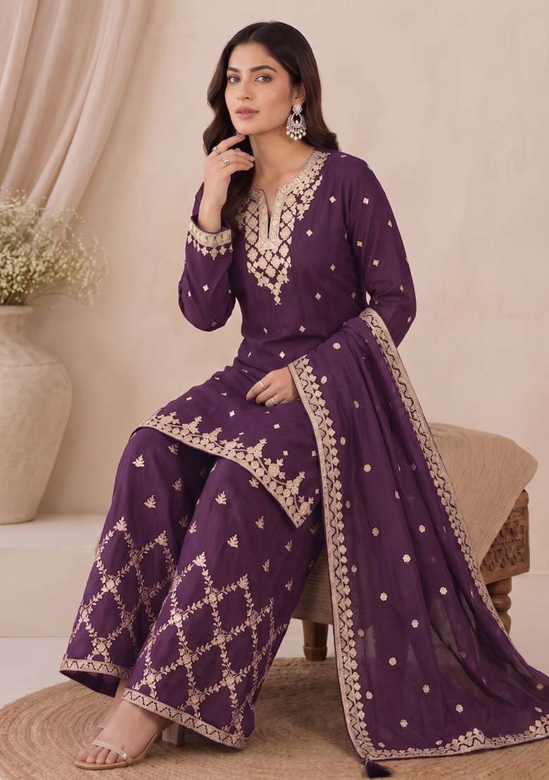 Wine Embroidery Silk Kurta Set - Indya