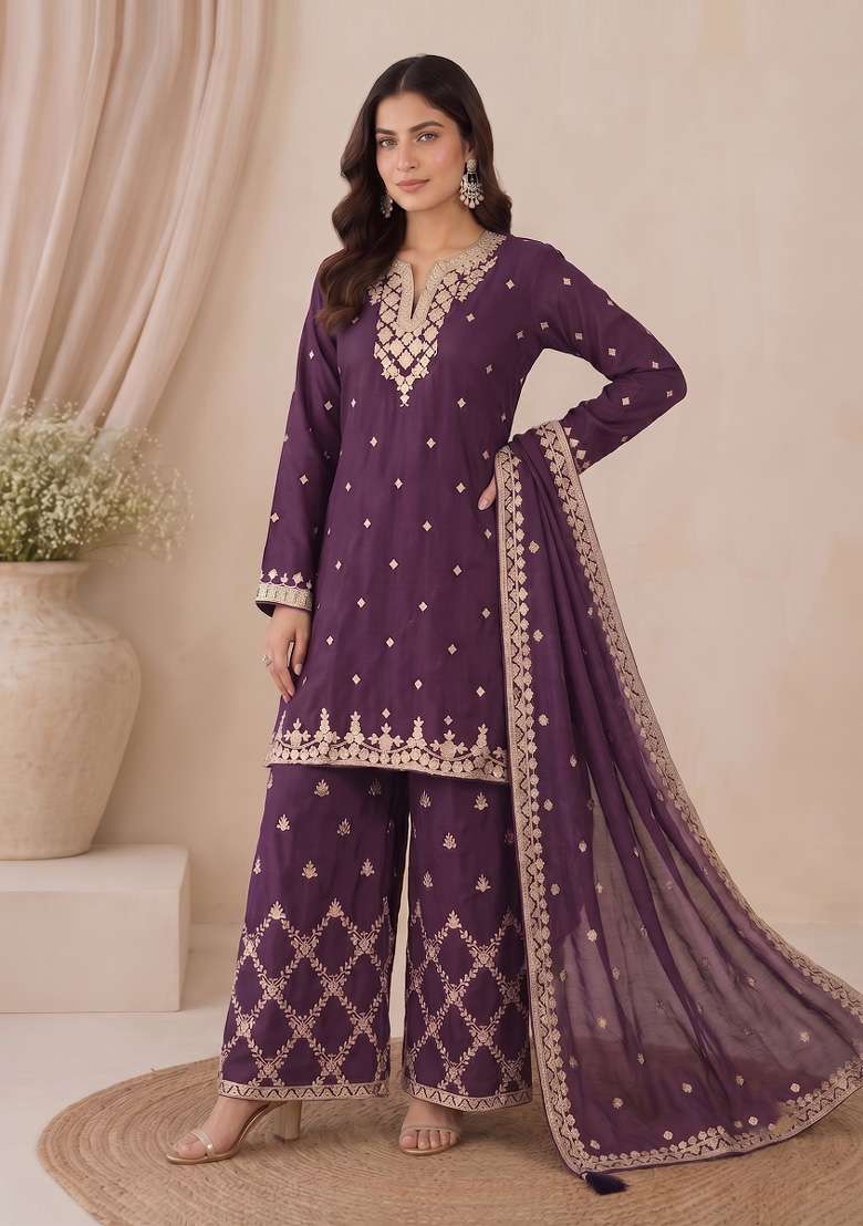 Wine Embroidery Silk Kurta Set - Indya