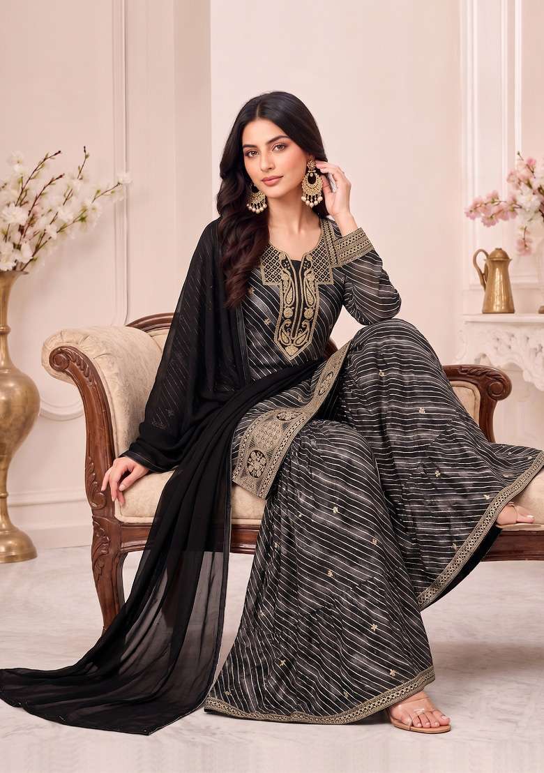 Black Embroidery Georgette Kurta Set - Indya