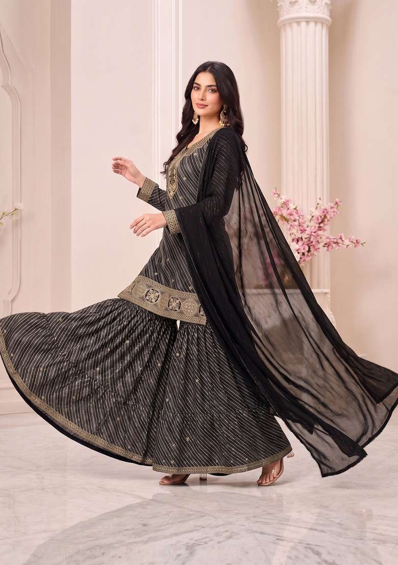 Black Embroidery Georgette Kurta Set - Indya