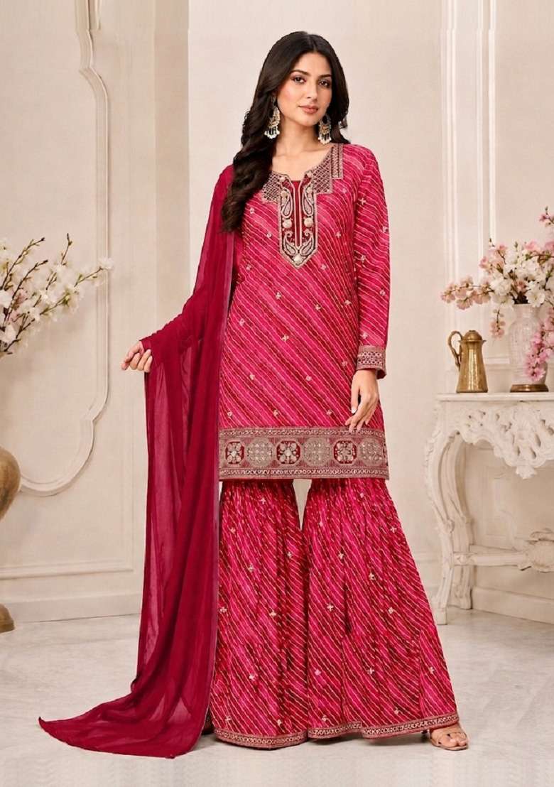 Red Embroidery Georgette Kurta Set - Indya