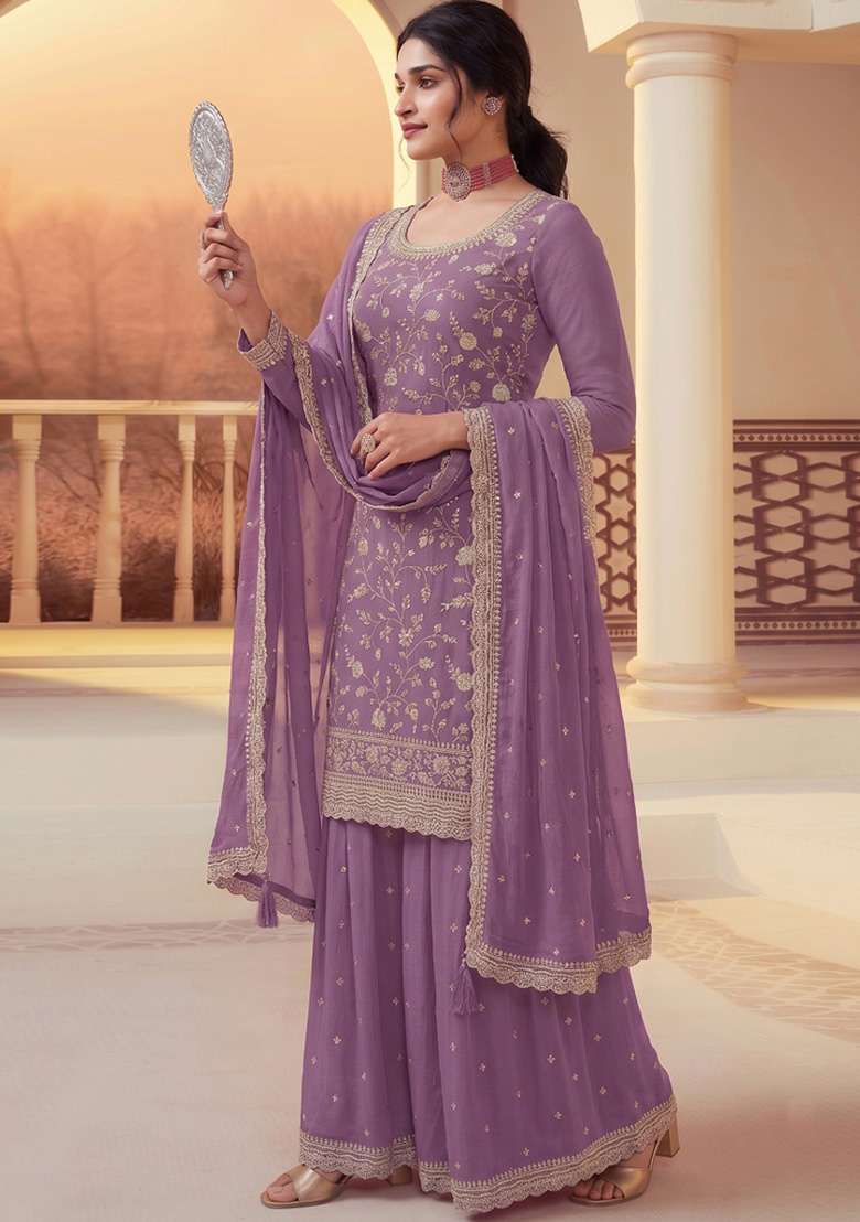 Lavender Embroidery Silk Kurta Set - Indya