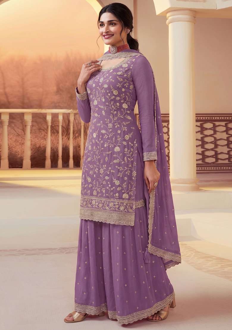 Lavender Embroidery Silk Kurta Set - Indya