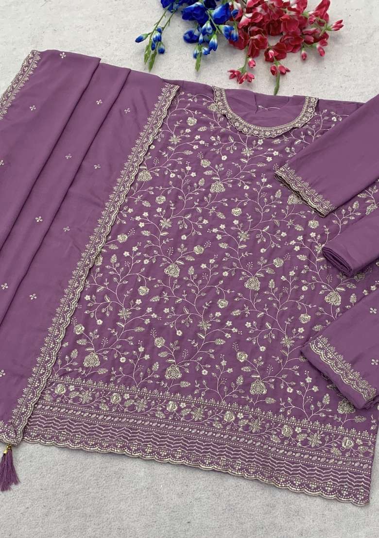 Lavender Embroidery Silk Kurta Set - Indya
