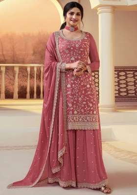 Peach Embroidery Silk Kurta Set