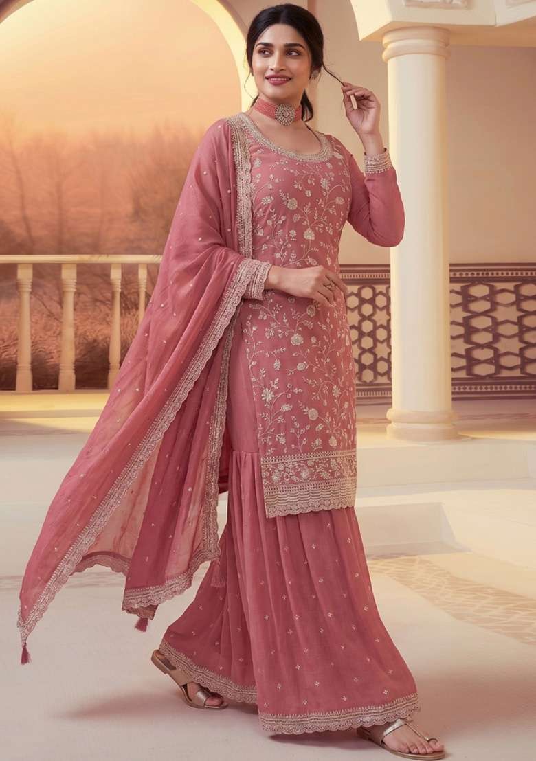 Peach Embroidery Silk Kurta Set - Indya