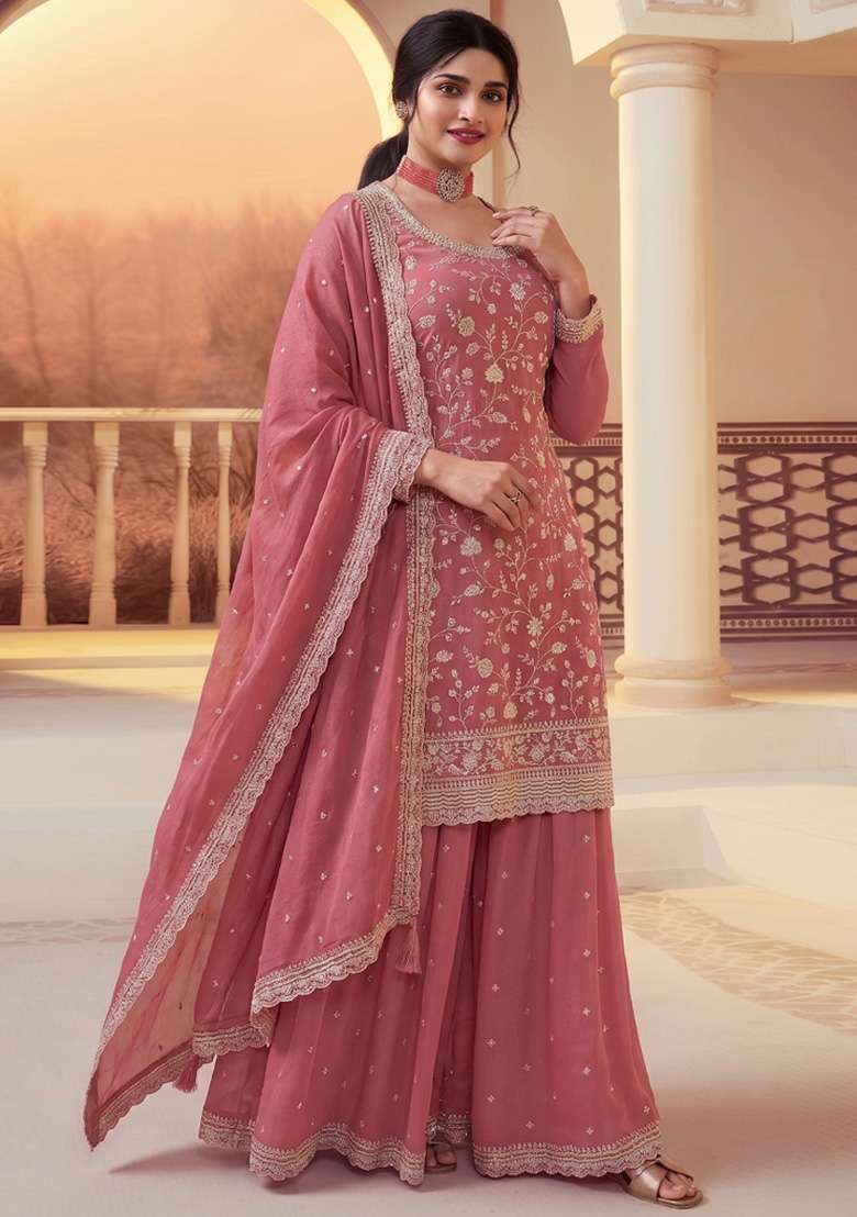 Peach Embroidery Silk Kurta Set - Indya