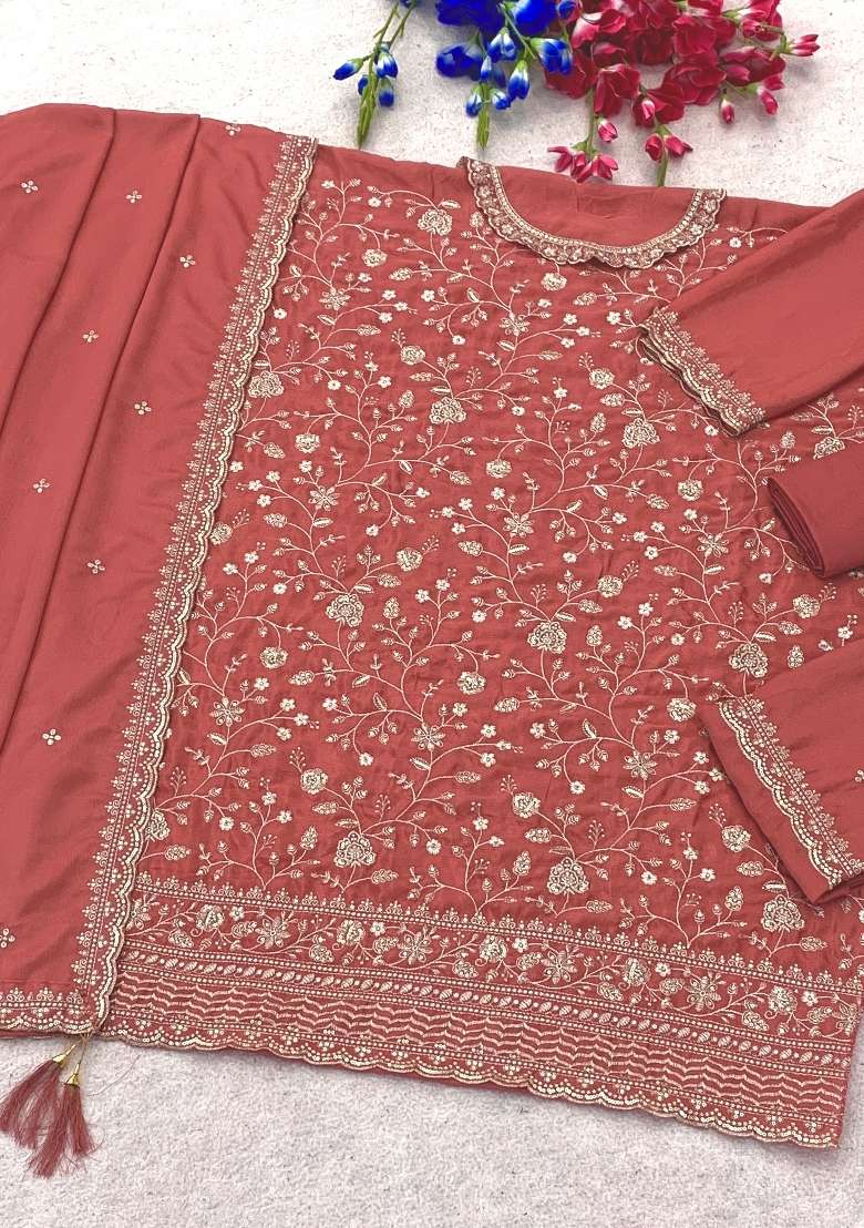 Peach Embroidery Silk Kurta Set - Indya