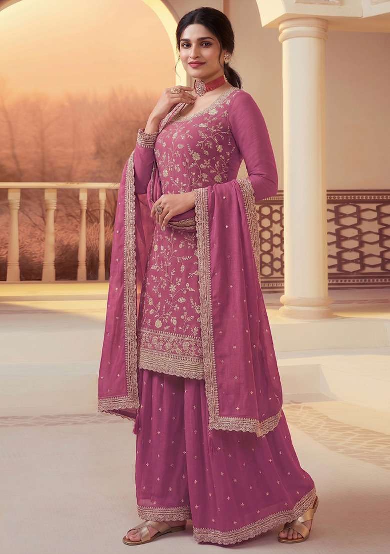 Pink Embroidery Silk Kurta Set - Indya