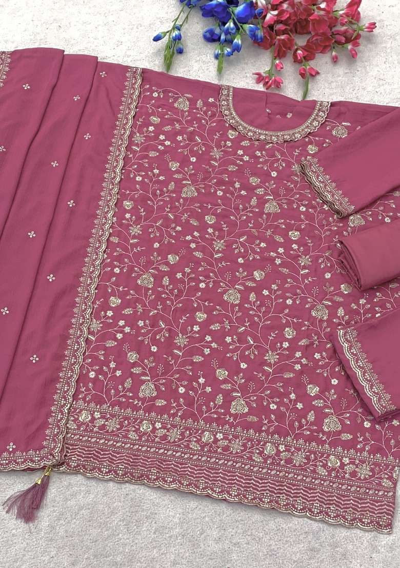 Pink Embroidery Silk Kurta Set - Indya