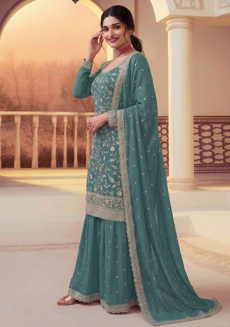 Teal Embroidery Silk Kurta Set - Indya