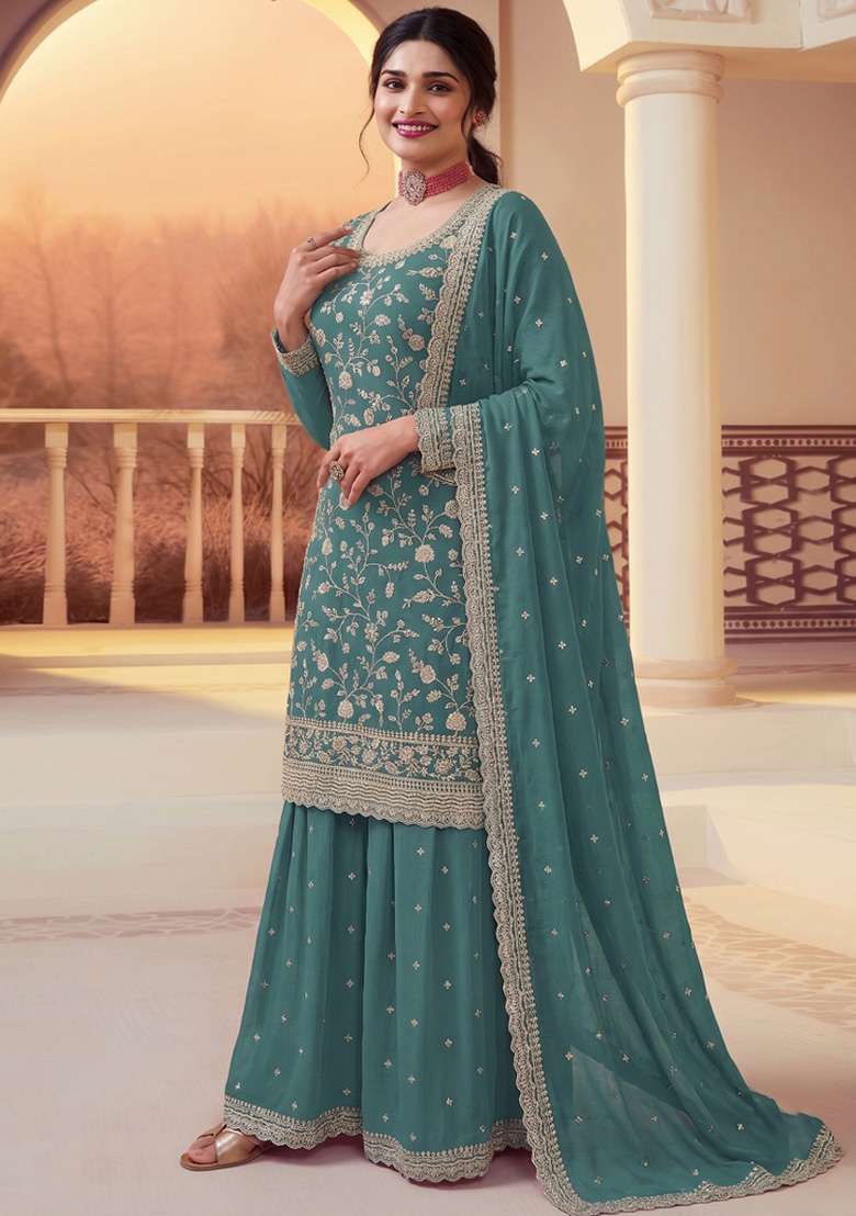 Teal Embroidery Silk Kurta Set - Indya