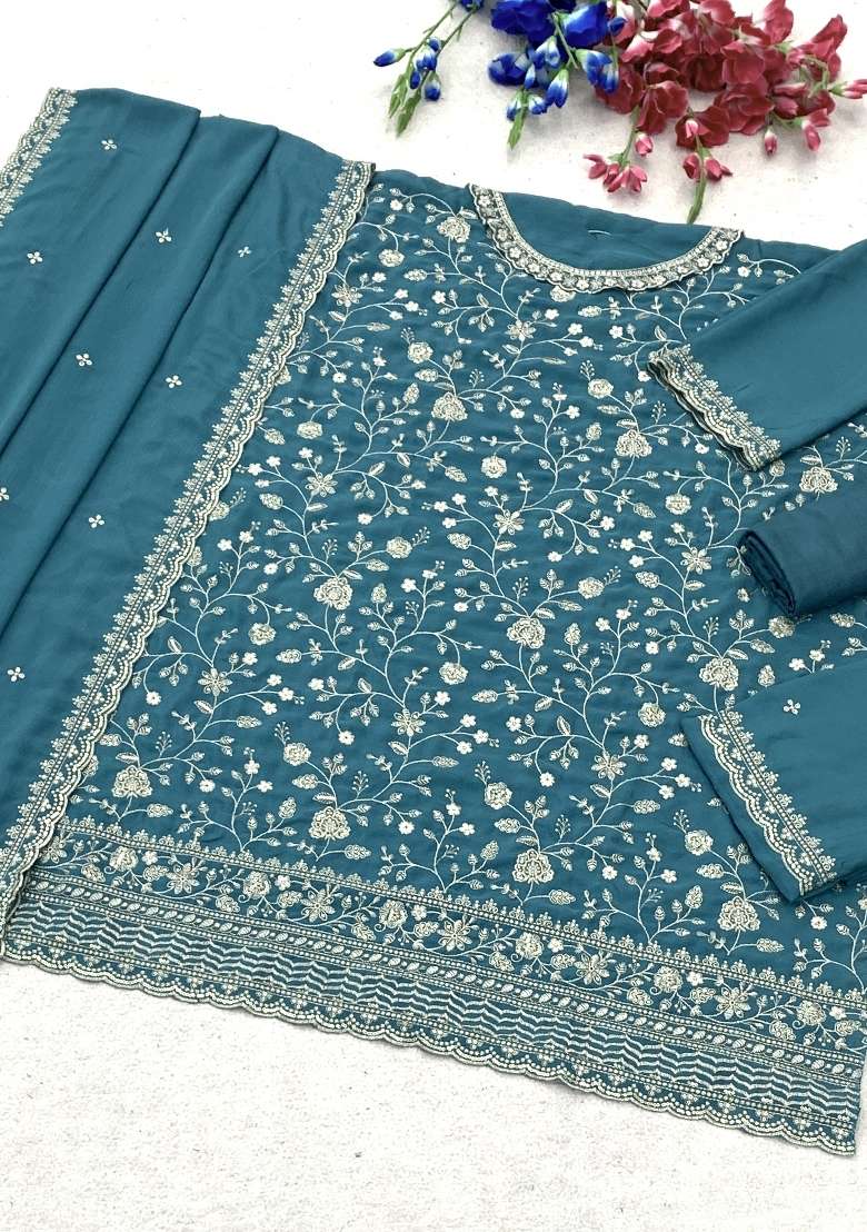 Teal Embroidery Silk Kurta Set - Indya