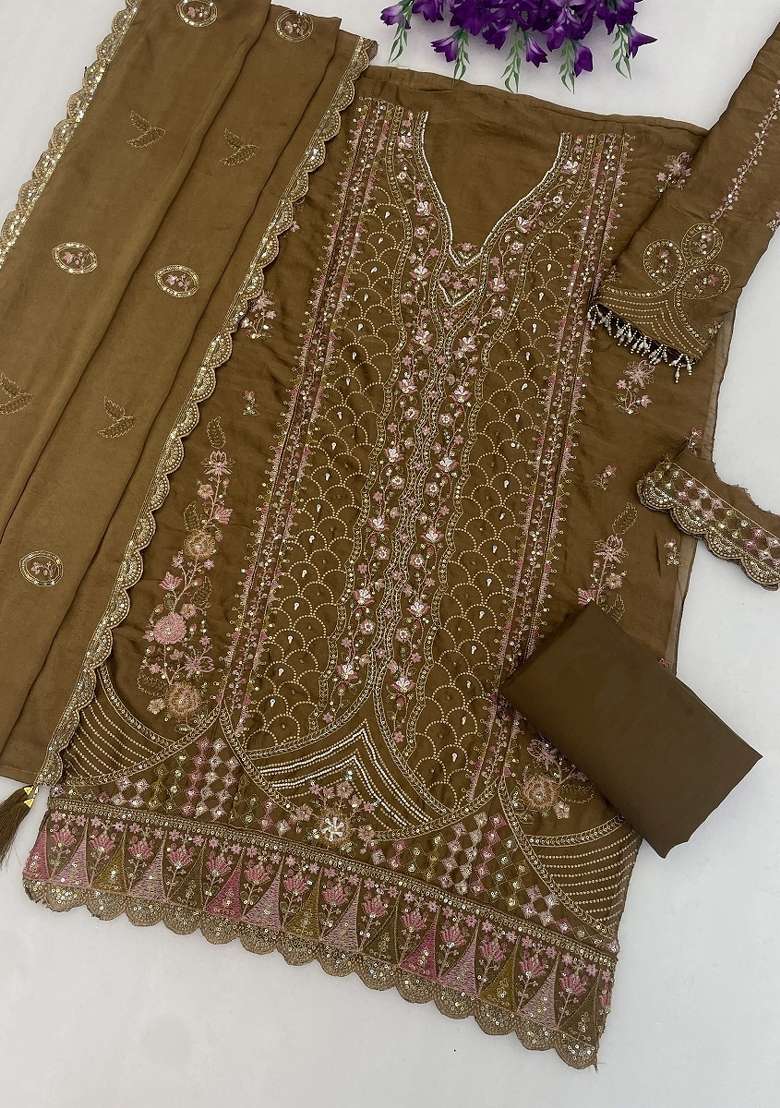 Mehendi Embroidery Silk Kurta Set - Indya