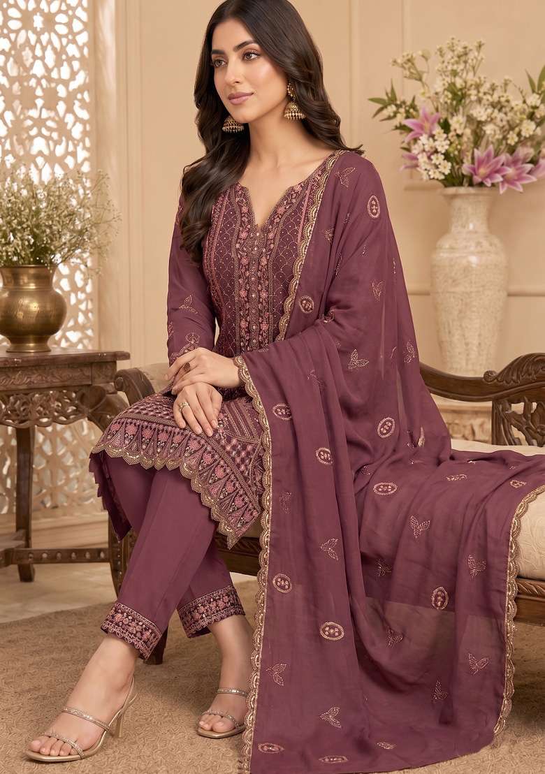 Onion Pink Embroidery Silk Kurta Set - Indya