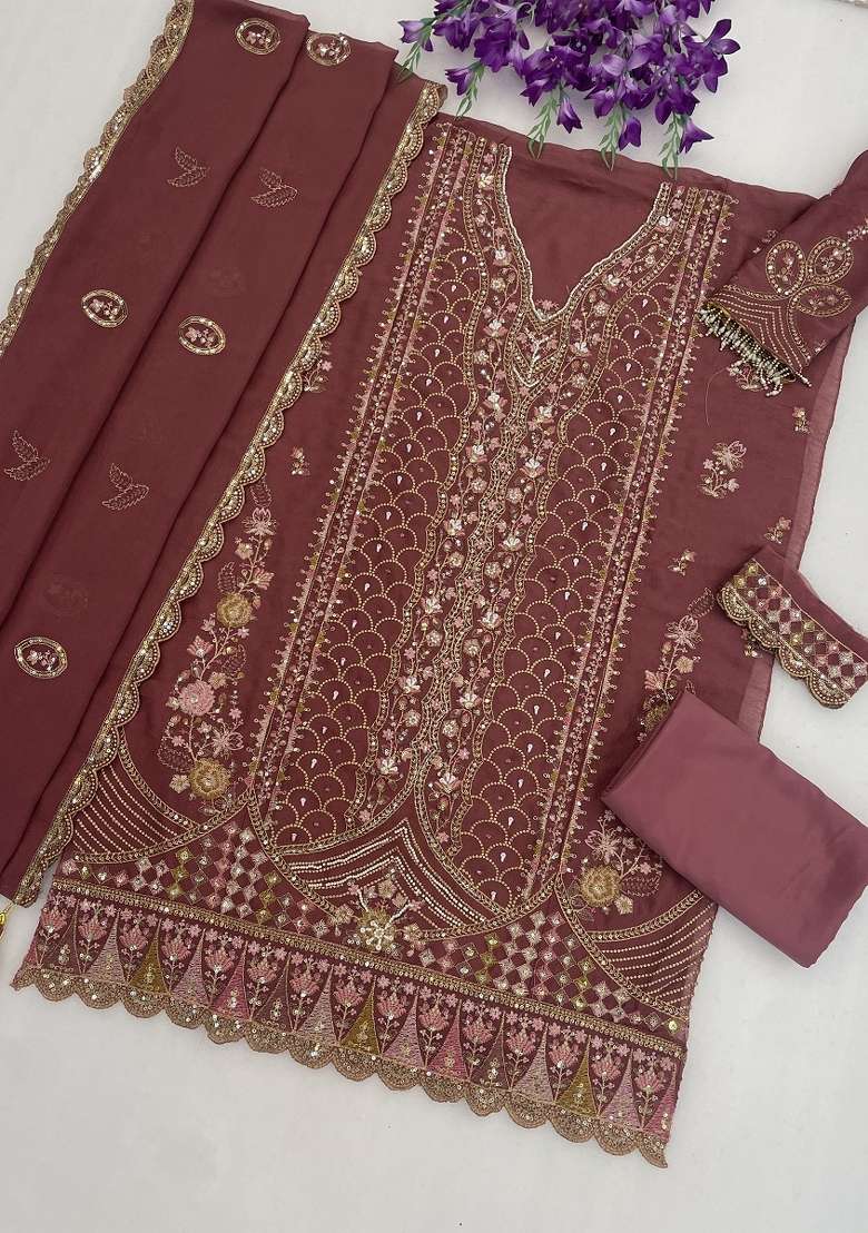 Onion Pink Embroidery Silk Kurta Set - Indya