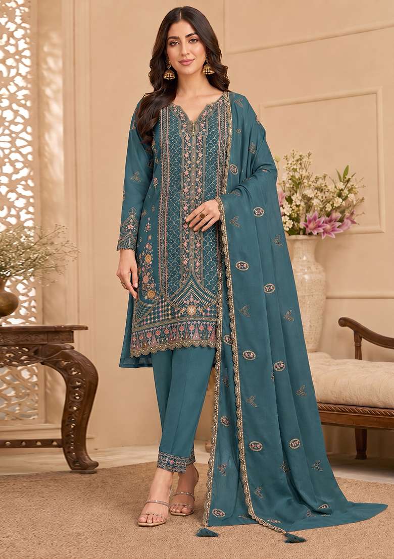 Teal Embroidery Silk Kurta Set - Indya